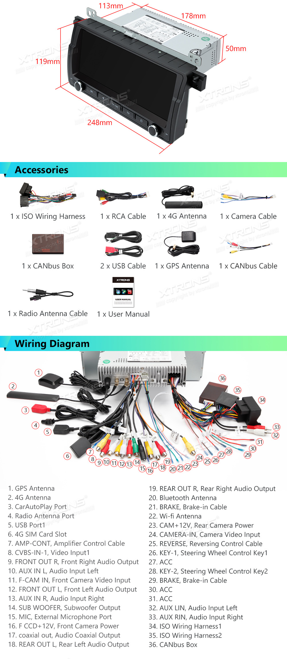 XTRONS IA8246BLHS XTRONS IA8246BLHS  Elektroinstalācijas shēma un izmērs