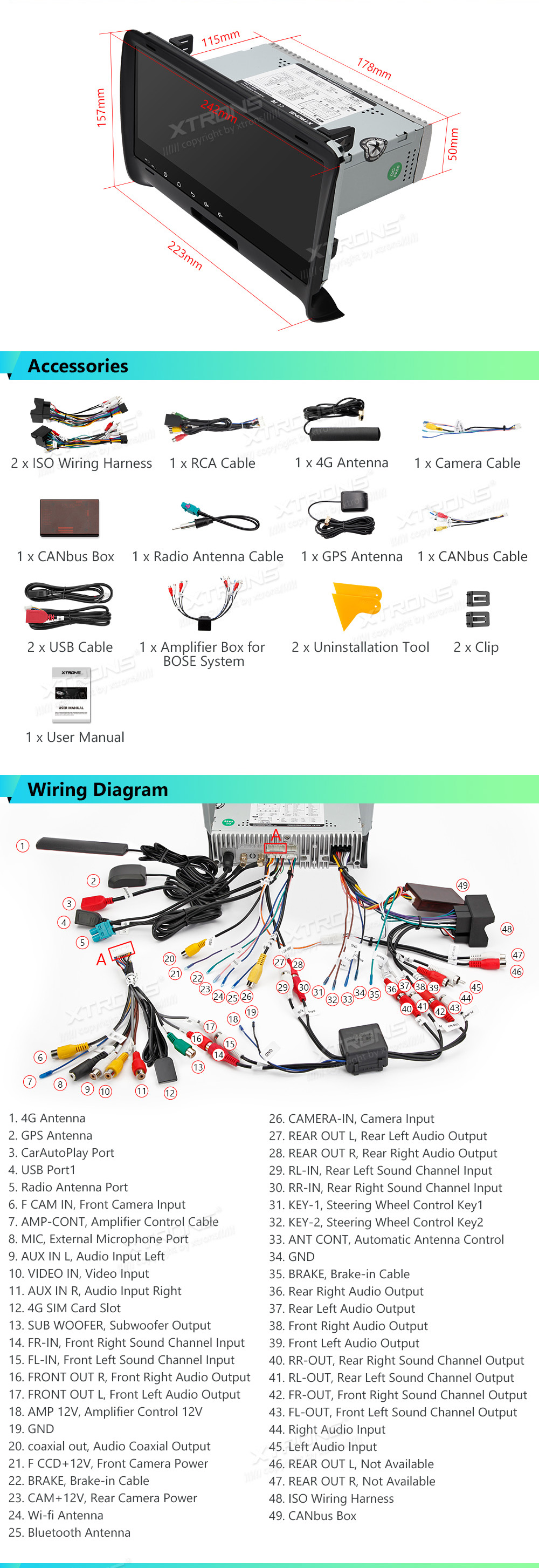 XTRONS IA82ATTLHS XTRONS IA82ATTLHS  Elektroinstalācijas shēma un izmērs