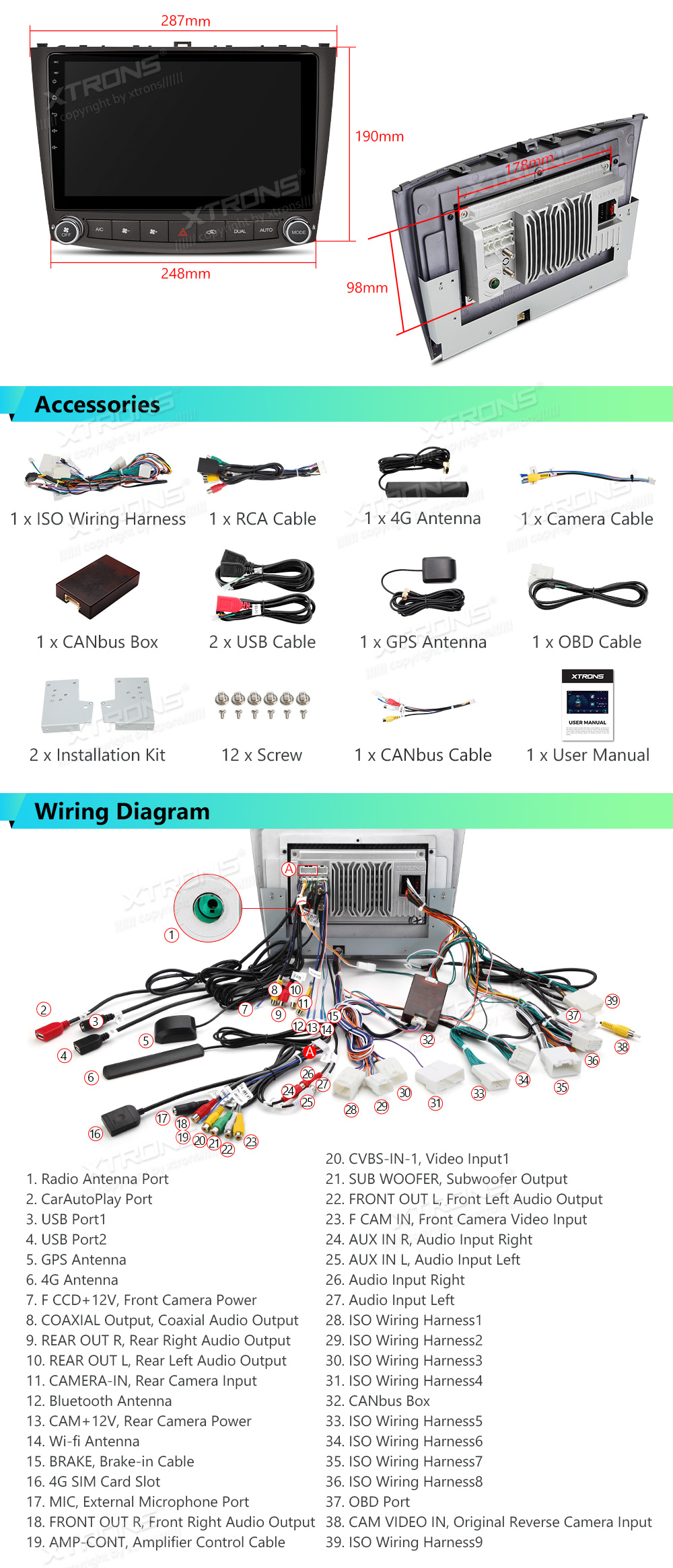 XTRONS IAP12ISLS XTRONS IAP12ISLS  Elektroinstalācijas shēma un izmērs