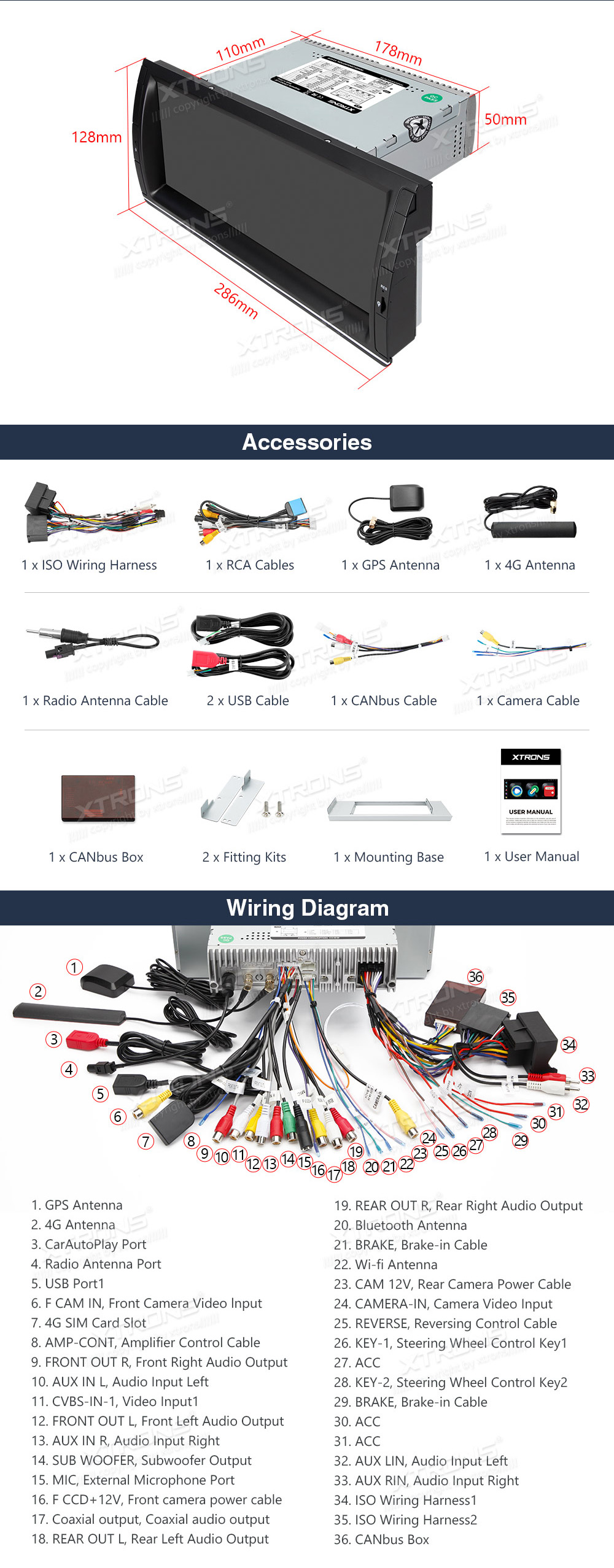 XTRONS IE1253BLH XTRONS IE1253BLH Wiring Diagram and size