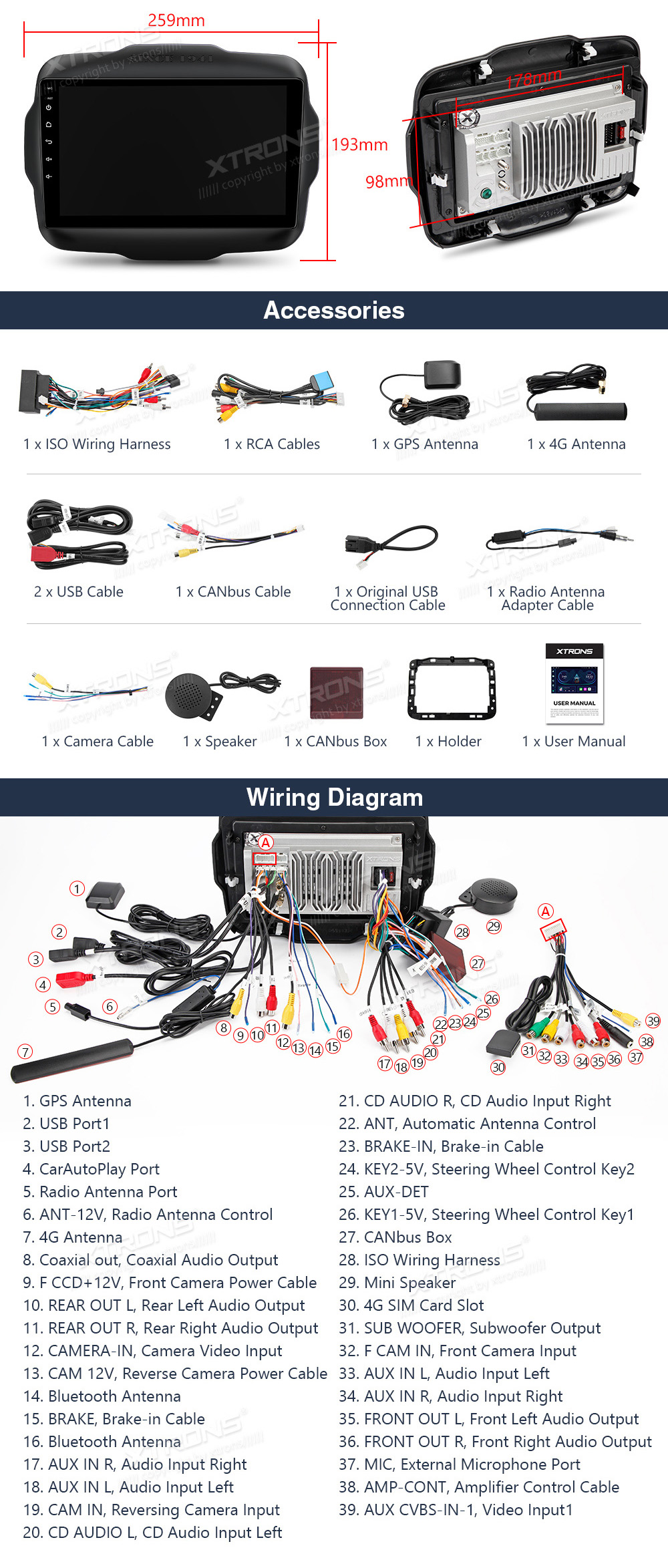 XTRONS IEP92RGJ XTRONS IEP92RGJ  Elektroinstalācijas shēma un izmērs