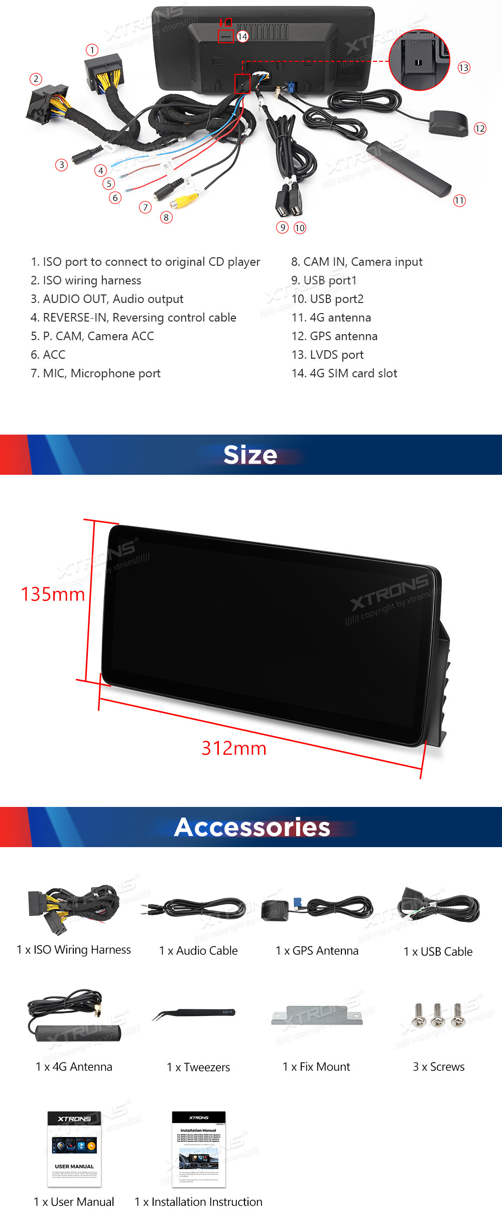 BMW 5.ser | E60 | E61 | iDrive CCC (2005-2008)  XTRONS QLB22CCB12E60 XTRONS QLB22CCB12E60 dimensions and wiring diagram