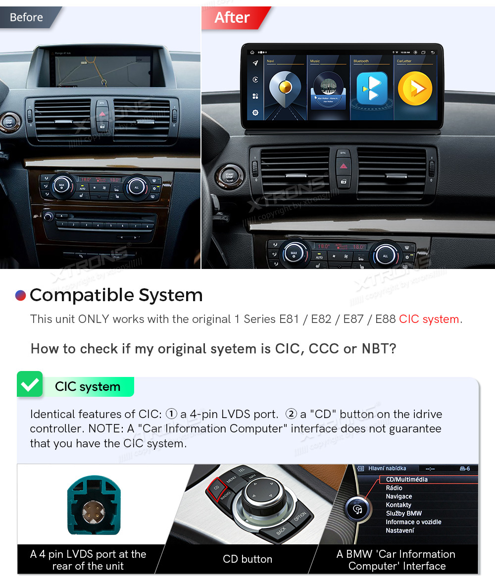BMW 1. ser. E81 | E82 | E87 | E88 (2010-2012) iDrive CIC  custom fit multimedia radio suitability for the car