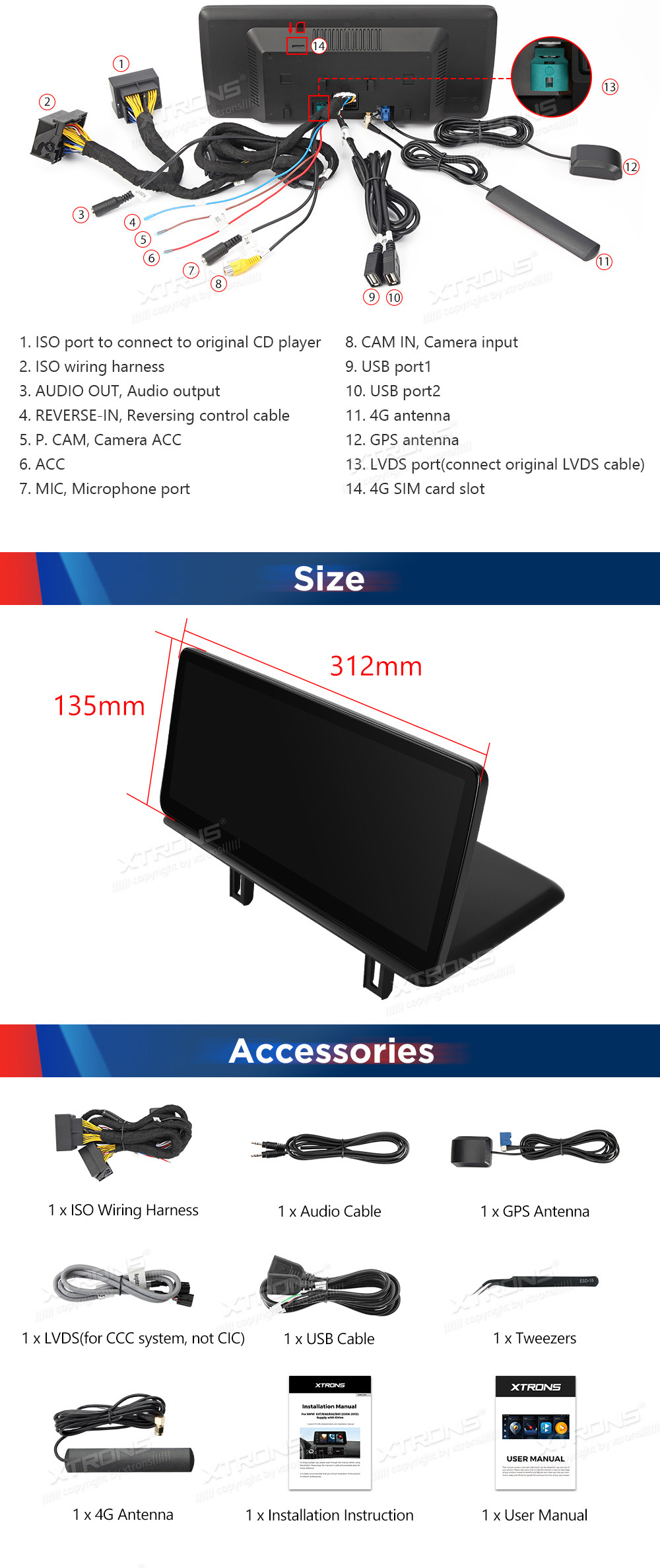 BMW 1. ser. E81 | E82 | E87 | E88 (2010-2012) iDrive CIC  XTRONS QLB22CIB12E87C XTRONS QLB22CIB12E87C dimensions and wiring diagram