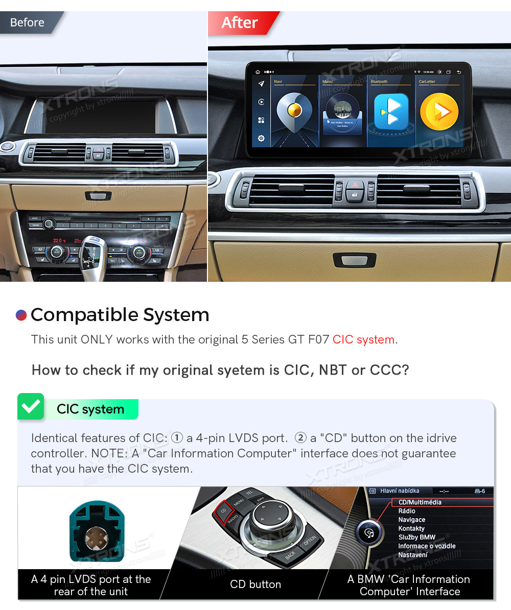 BMW 5.ser F07 GT(2011 - 2012) | iDrive CIC  custom fit multimedia radio suitability for the car