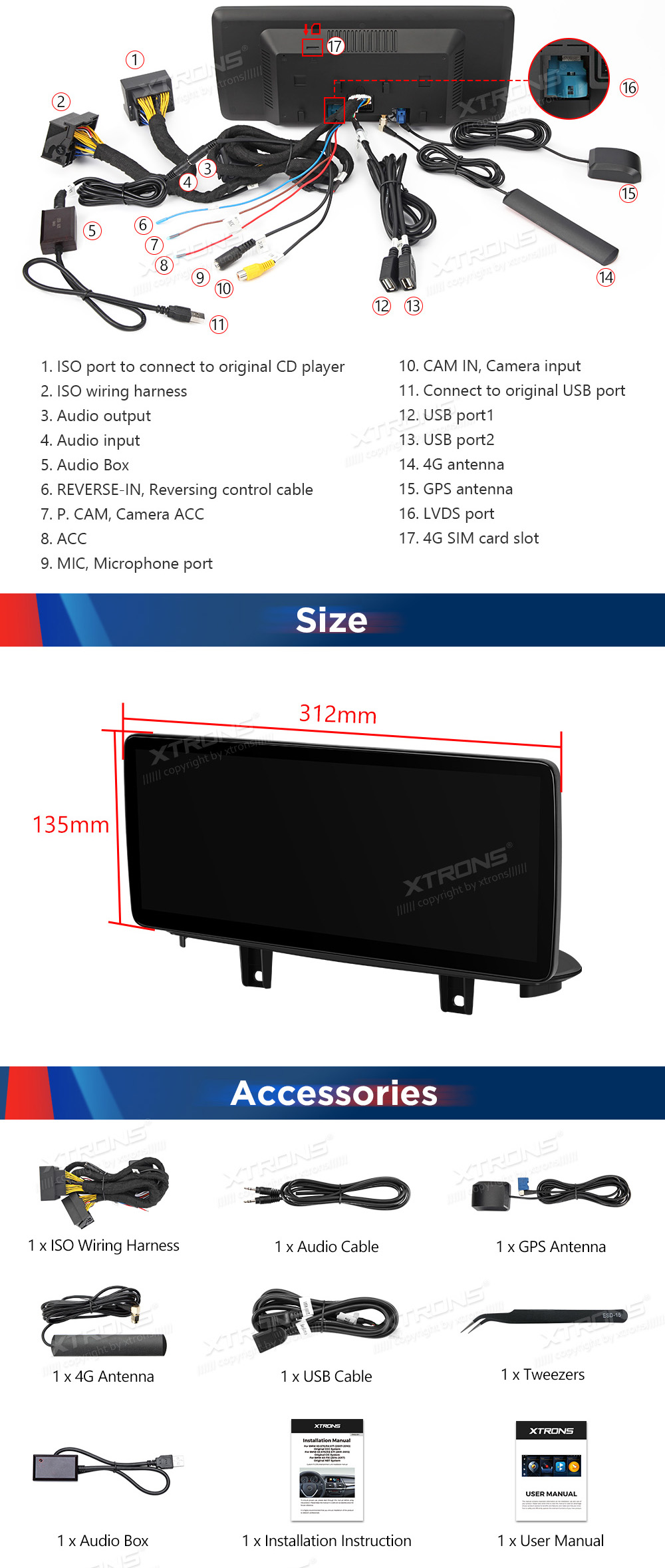 BMW X5 | X6 | F15 | F16 iDrive EVO (2016-2019)  XTRONS QLB22EVB12X5N XTRONS QLB22EVB12X5N dimensions and wiring diagram