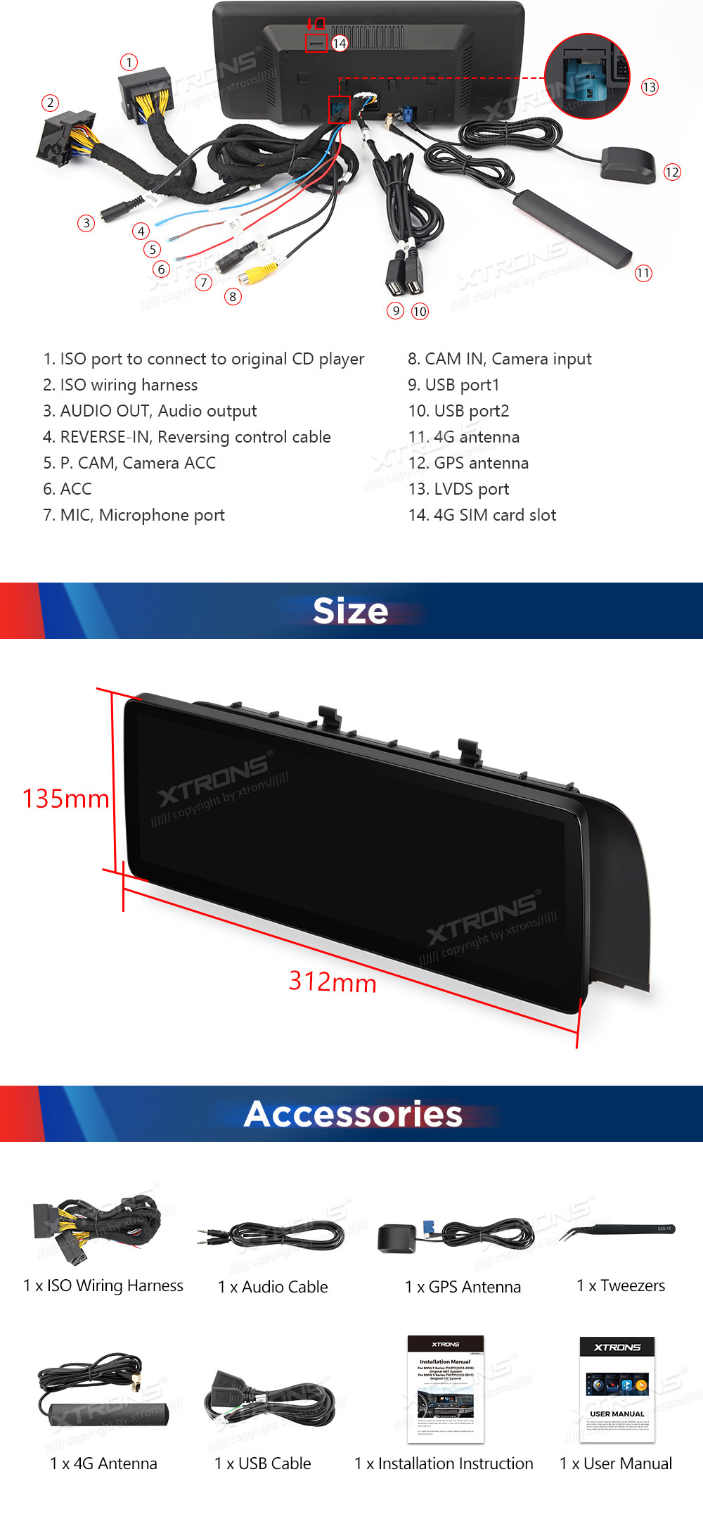 BMW 5. ser. BMW F10 | F11 iDrive NBT (2013-2016)  XTRONS QLB22NB12FV XTRONS QLB22NB12FV dimensions and wiring diagram