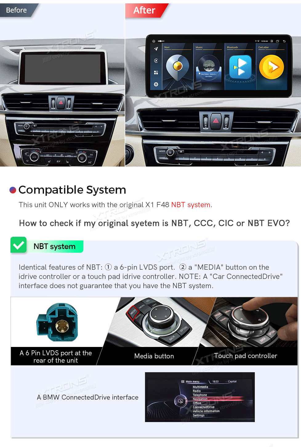 BMW X1 F48 (2016-2017) | iDrive NBT  custom fit multimedia radio suitability for the car