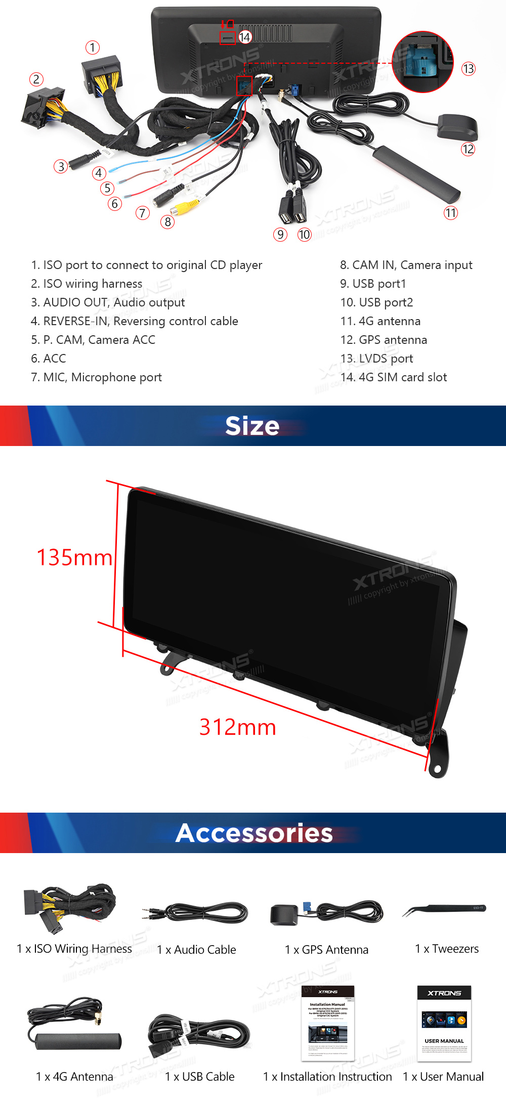 BMW X3 F25 iDrive NBT (2013-2016)  XTRONS QLB22NB12X3 XTRONS QLB22NB12X3 dimensions and wiring diagram