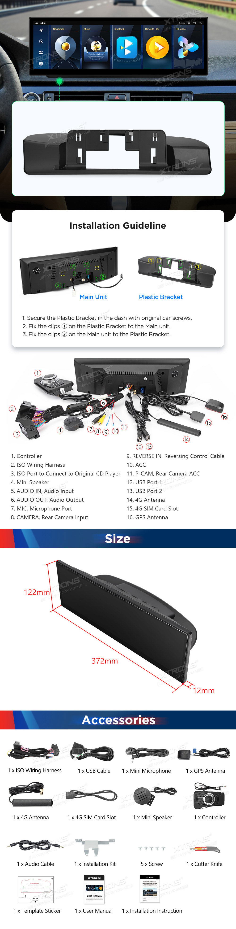 BMW 3. ser. E90 | E91 | E92 | E93 (2005-2012) w/o orig. screen  XTRONS QLB4290UNL XTRONS QLB4290UNL dimensions and wiring diagram