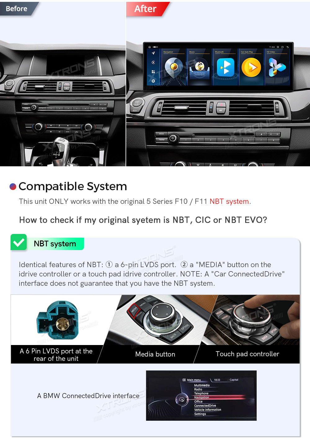 BMW 5. ser. BMW F10 | F11 iDrive NBT (2013-2016)  custom fit multimedia radio suitability for the car