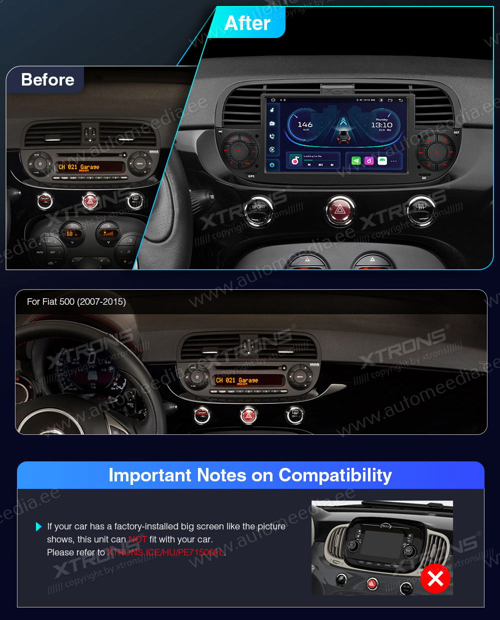  for Fiat 500 Radio 2007-2015 Car Stereo with CarPlay GPS  Navigation Android Auto FM 7 Inch IPS Touch Screen Head Unit Built-in DSP  Bluetooth Support Backup Camera OBD2 DVR TPMS SWT (