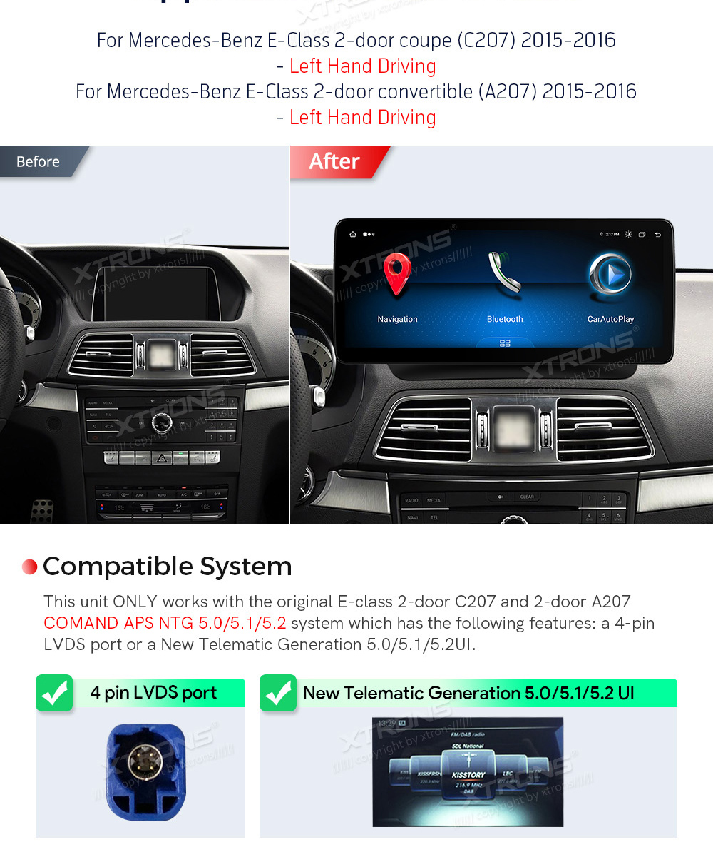 Mercedes-Benz E-Class Coupe (2016-2017) | C207 | NTG5.0  custom fit multimedia radio suitability for the car